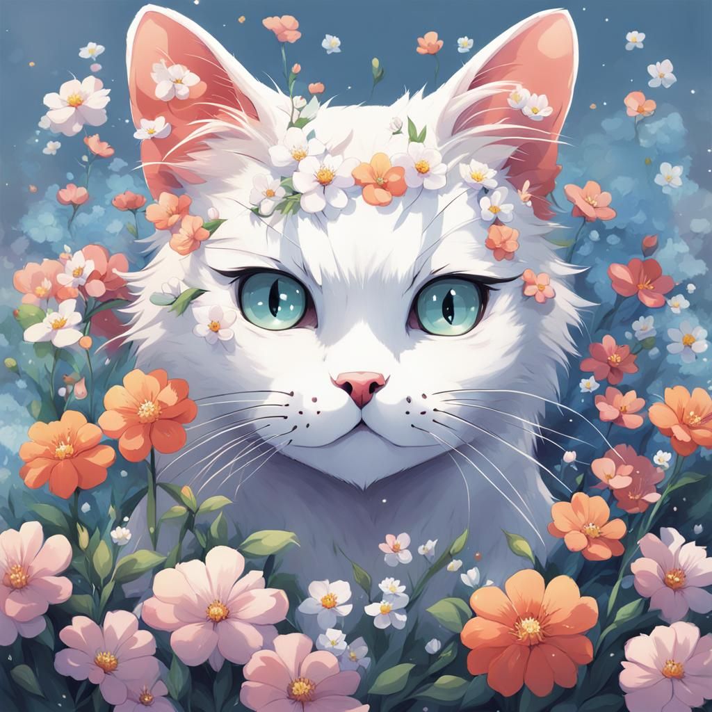 Cat with Flowers: Anime-Style Manga Art