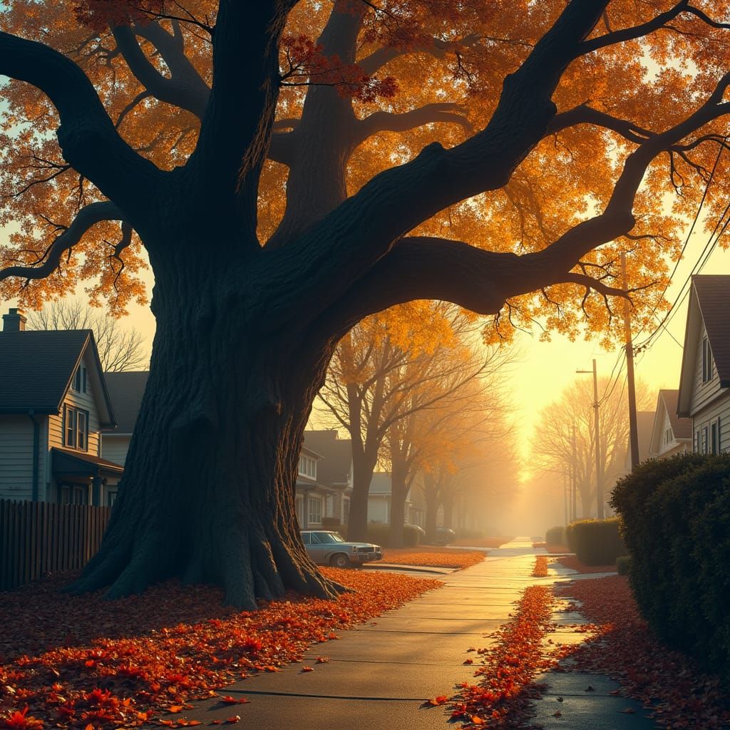 Gnarled Oak Tree in October, Gothic Romantic Style