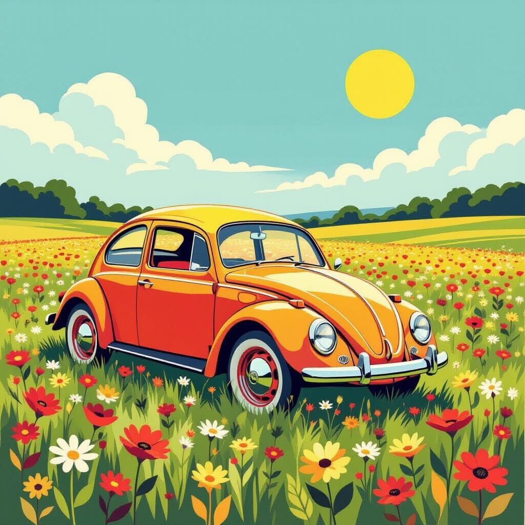 Volkswagen Beetle in Wildflower Field: Vintage Vector Art