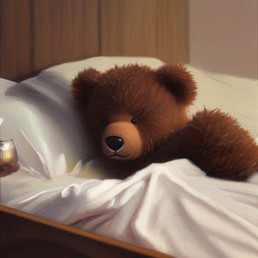 Fuzzy Teddy Bear in Cozy Bed, Oil Painting