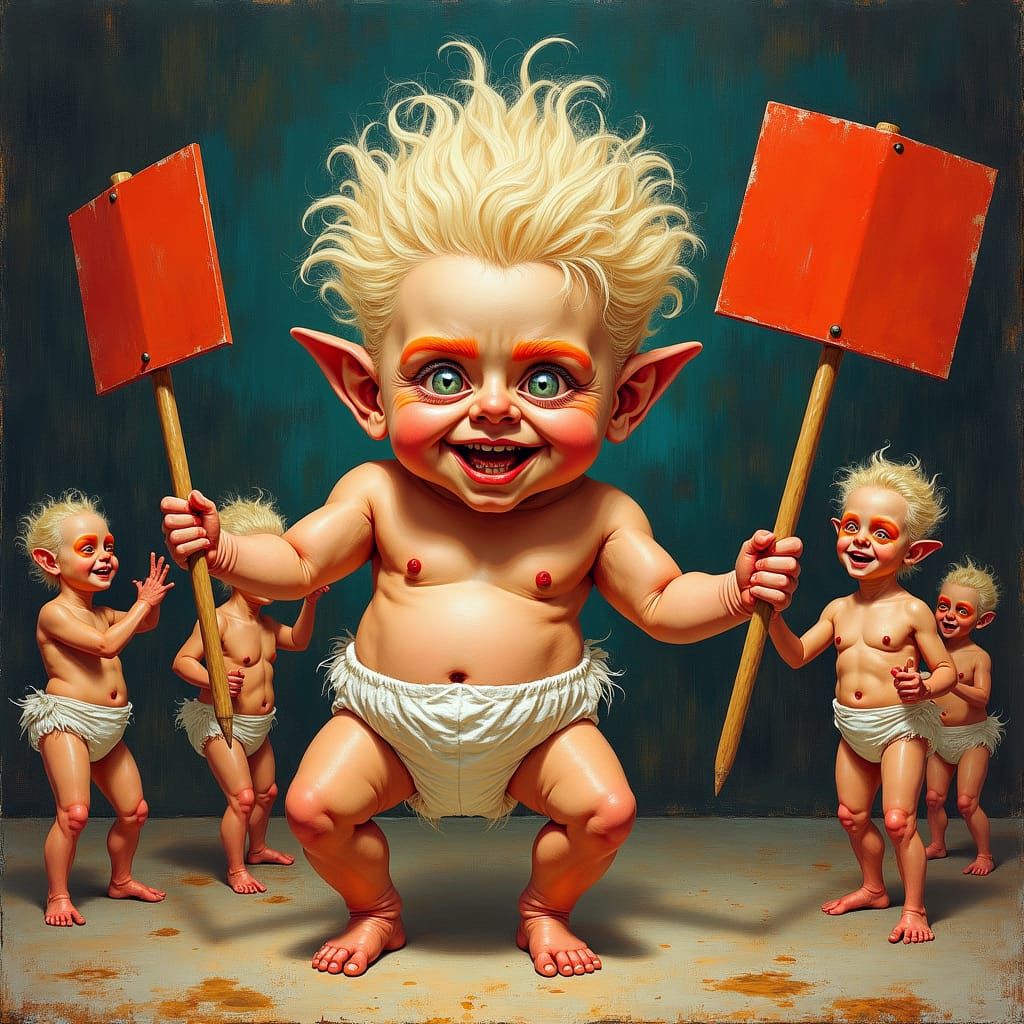 Creepy Caricature Surrounded by Weirdos, Oil on Canvas