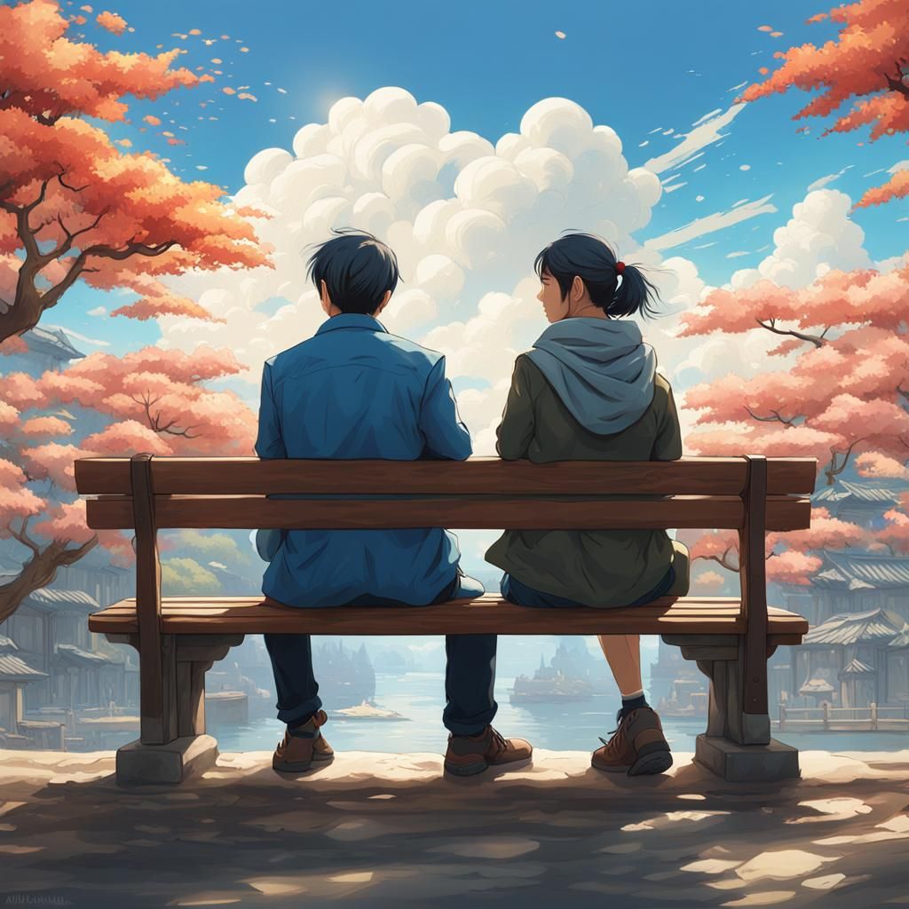 Asian Couple Gazing at Blue Sky: Hyperdetailed Digital Portr...