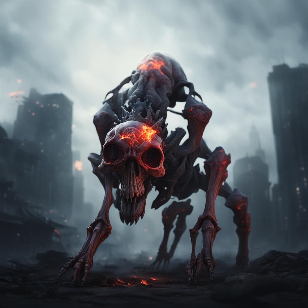 Eldritch Bone Mech Confrontation in Burning City