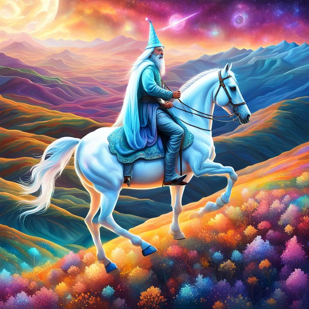 Wizard on White Horse: Holographic Astral Illustration