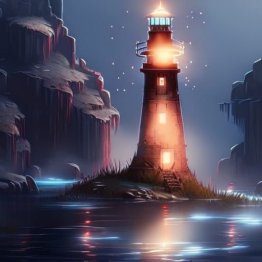 Underground Lake Lighthouse: Dark Fantasy Concept Art