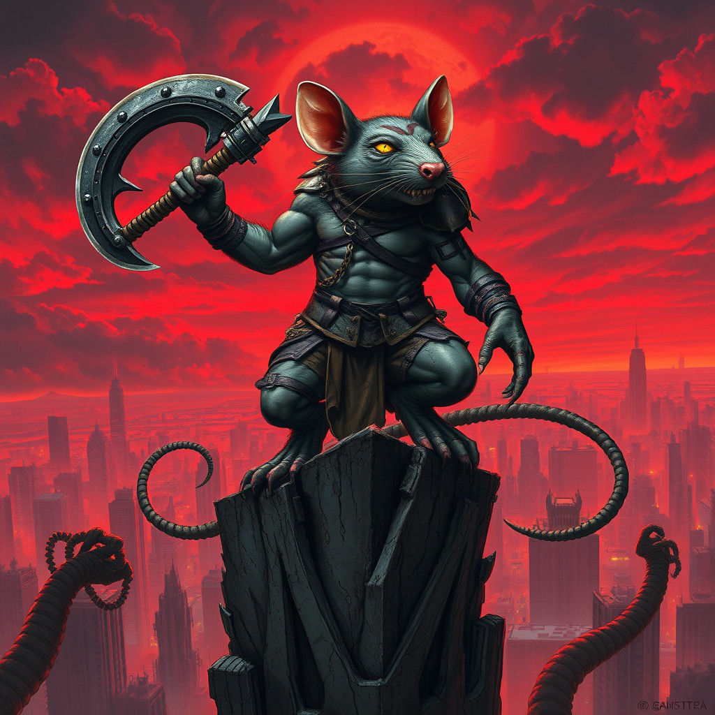 Rat Warrior on Ruined Skyscraper, in Gritty Fantasy Art