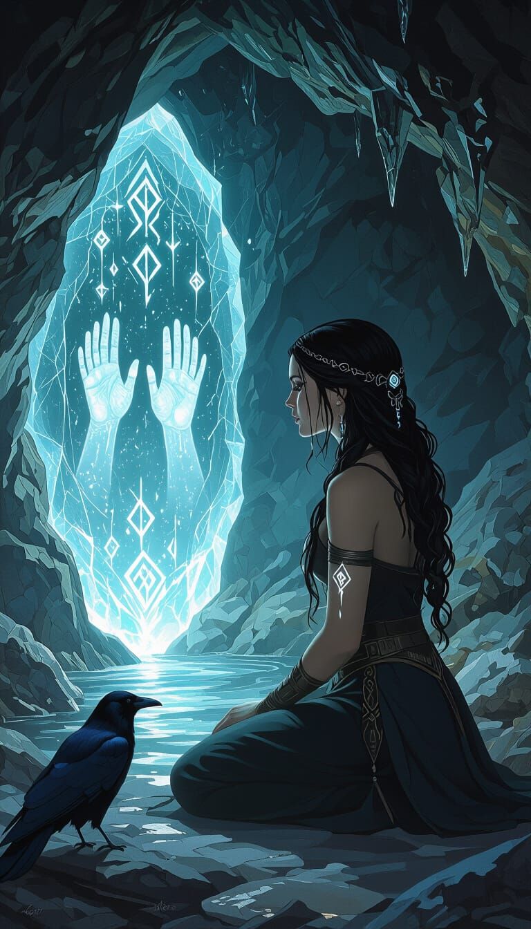 Mystical Nordic Woman in Crystal Cave