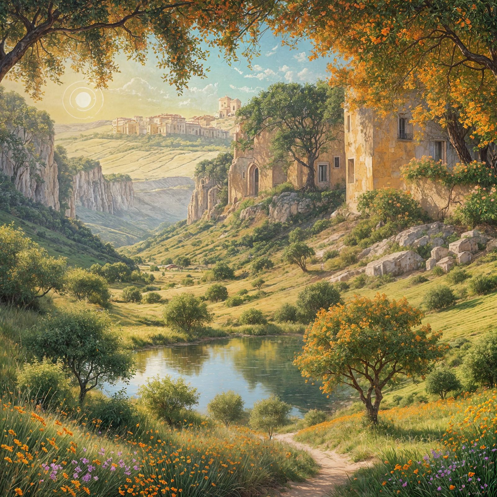 Idyllic Impressionist Landscape with Wildflowers and Orange...