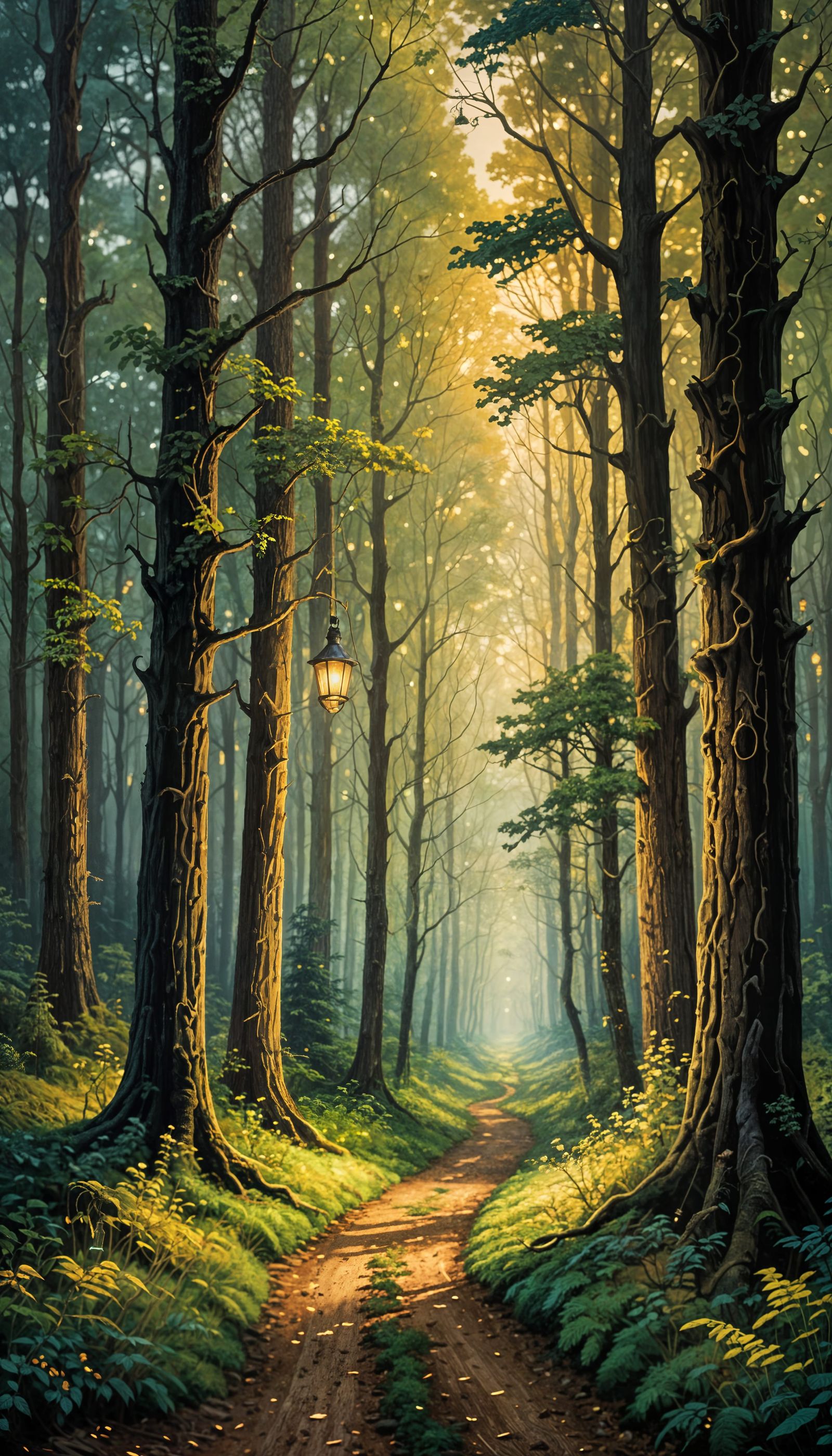 Enchanted Forest at Night with Hanging Lamp