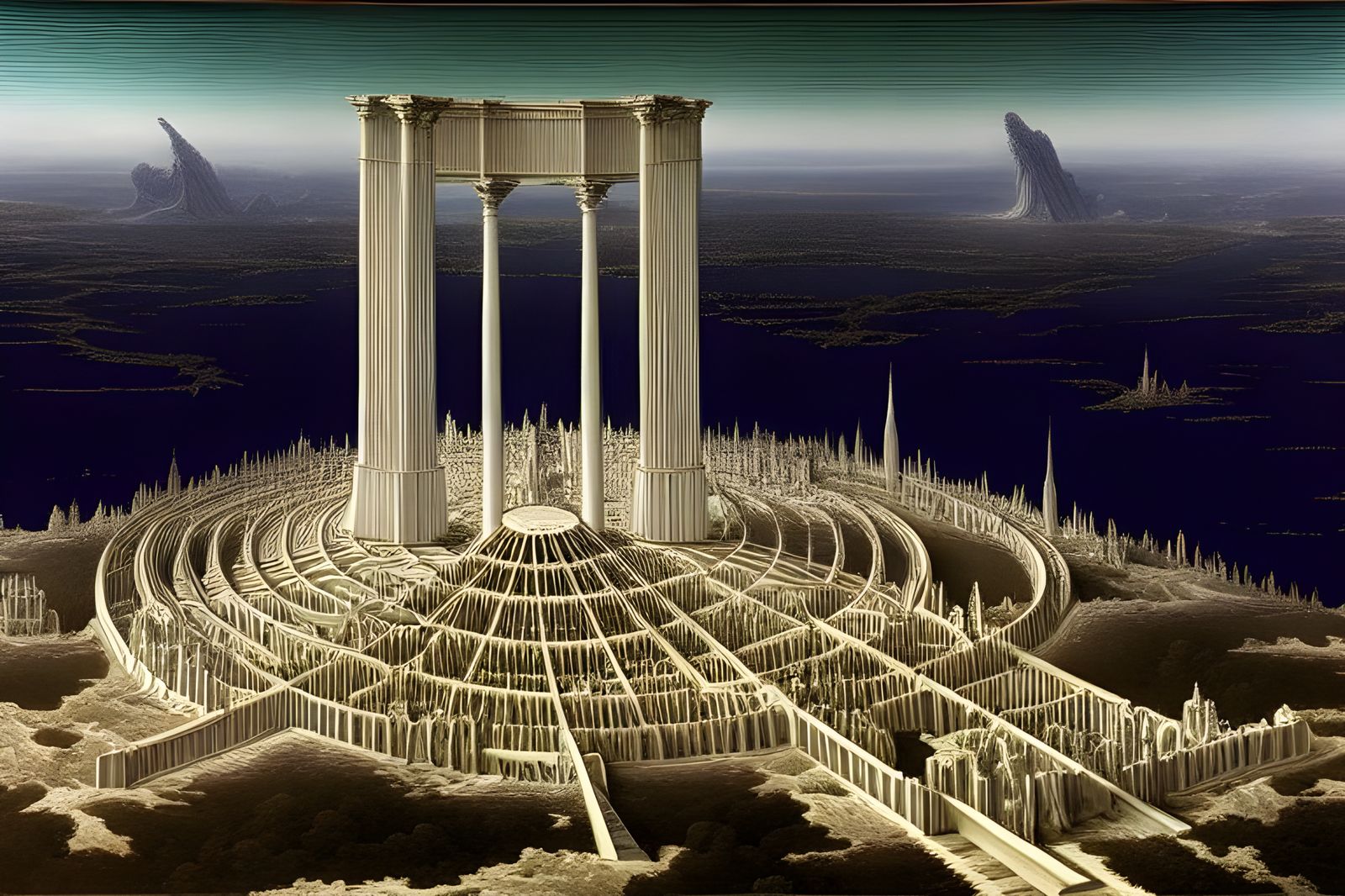 Surreal Aerial View of a Futuristic Arch Network