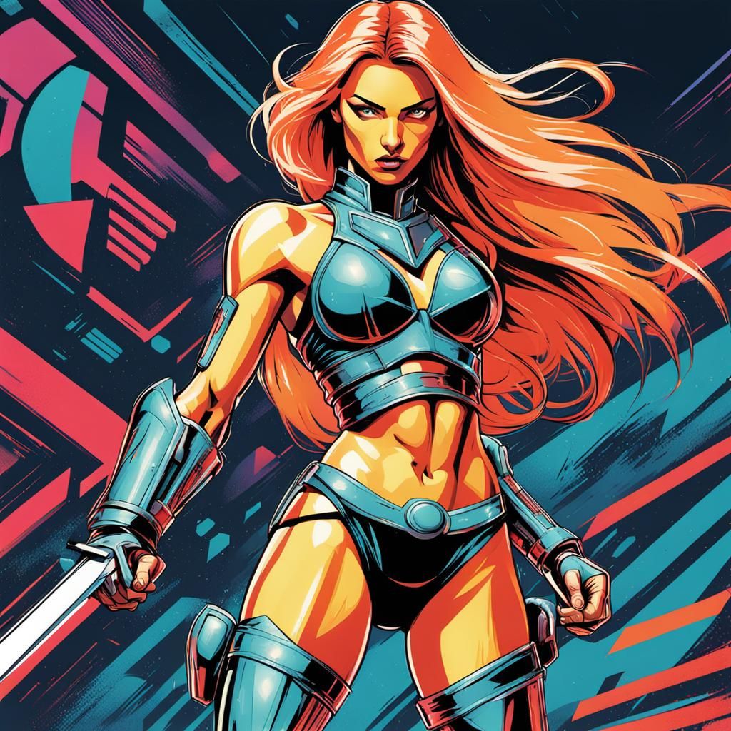 Fantasy Warrior Woman in Retro-Futuristic Comic Art