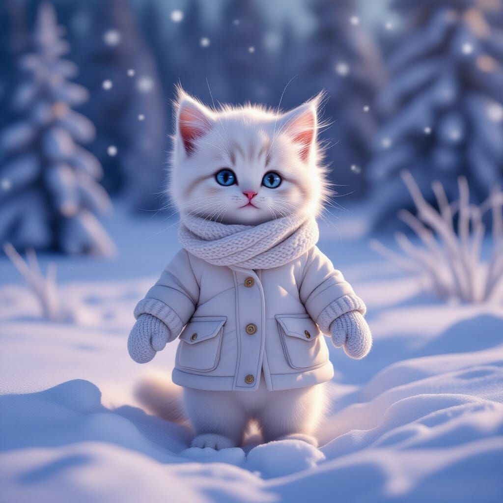 A softly lit portrait photograph captures a plush, snow-whit...