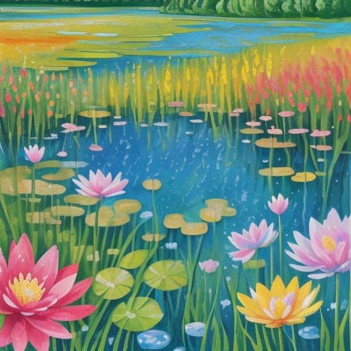 Naive Art Pond with Flower Meadow in Impasto Style