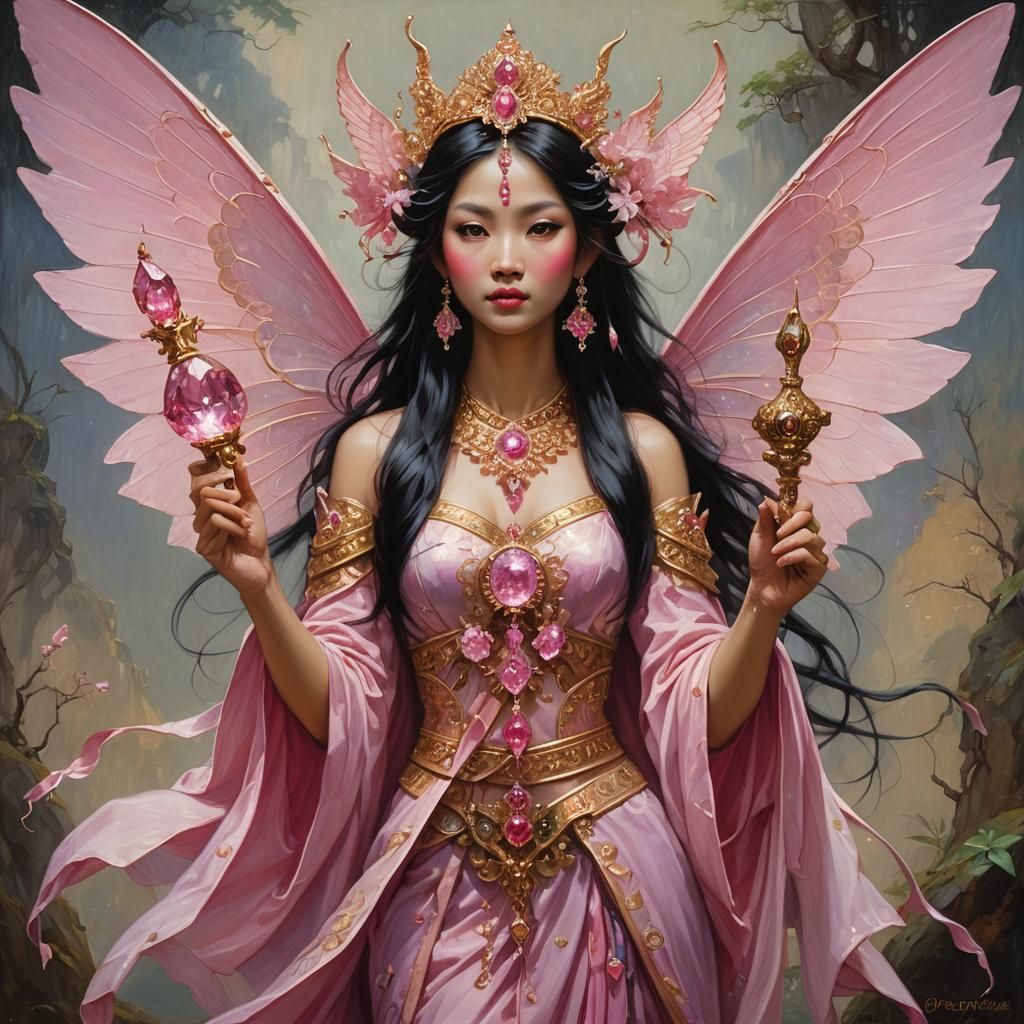 Oriental fairy goddess holding a pink diamond scepter large fairy wings