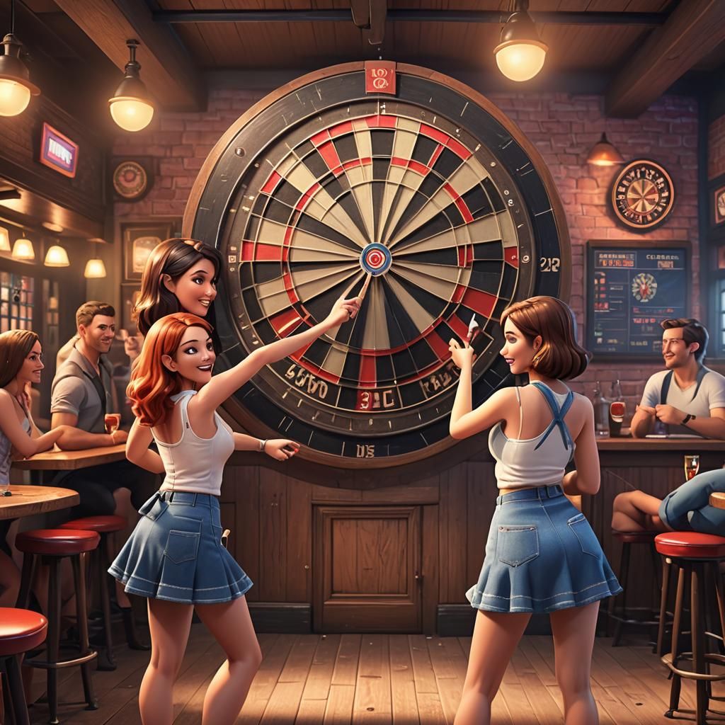 Women Play Darts in a Pub: 3D Digital Art