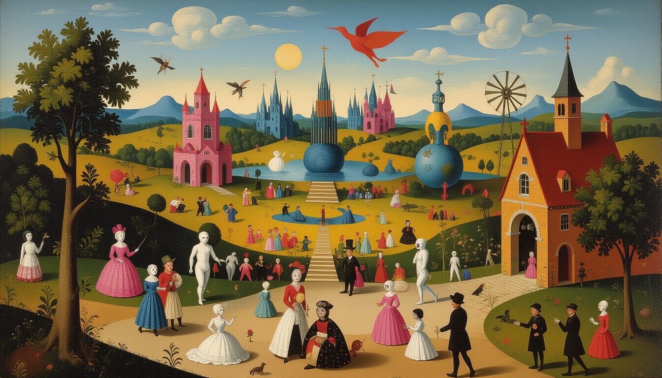 Surreal Boschian Landscape in Ligne Claire Style