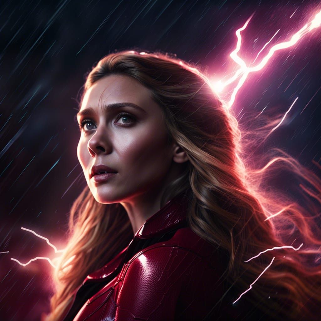 Scarlet Witch in Raining Night Sky with Lightning