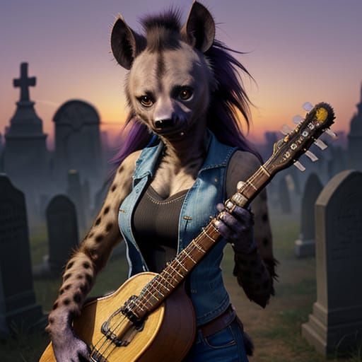 Anthropomorphic Hyena Plays Banjo at Sunset