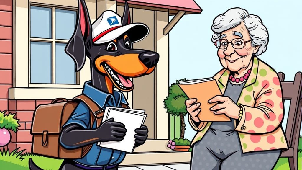Doberman Postal Worker Delivers Mail to Old Lady in Caricatu...