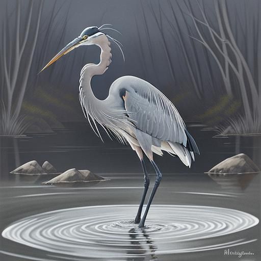 Great Blue Heron in Art Nouveau Ink Painting