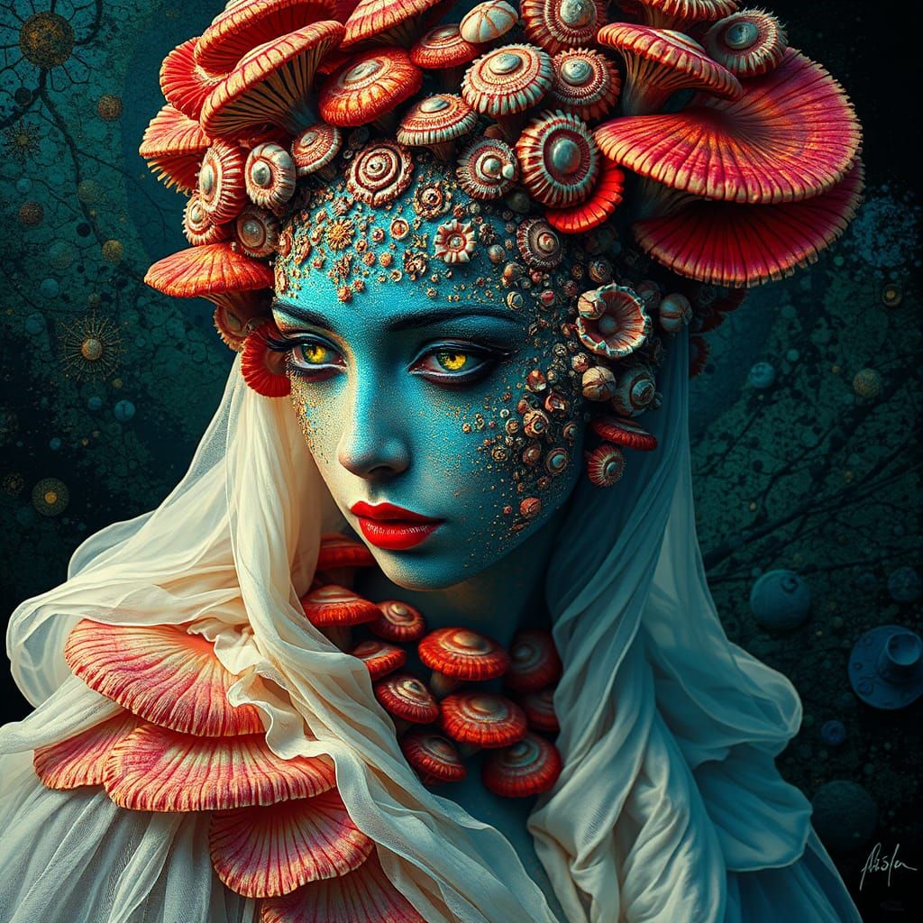 Mystical Woman with Psychedelic Shells, Surrealist Art