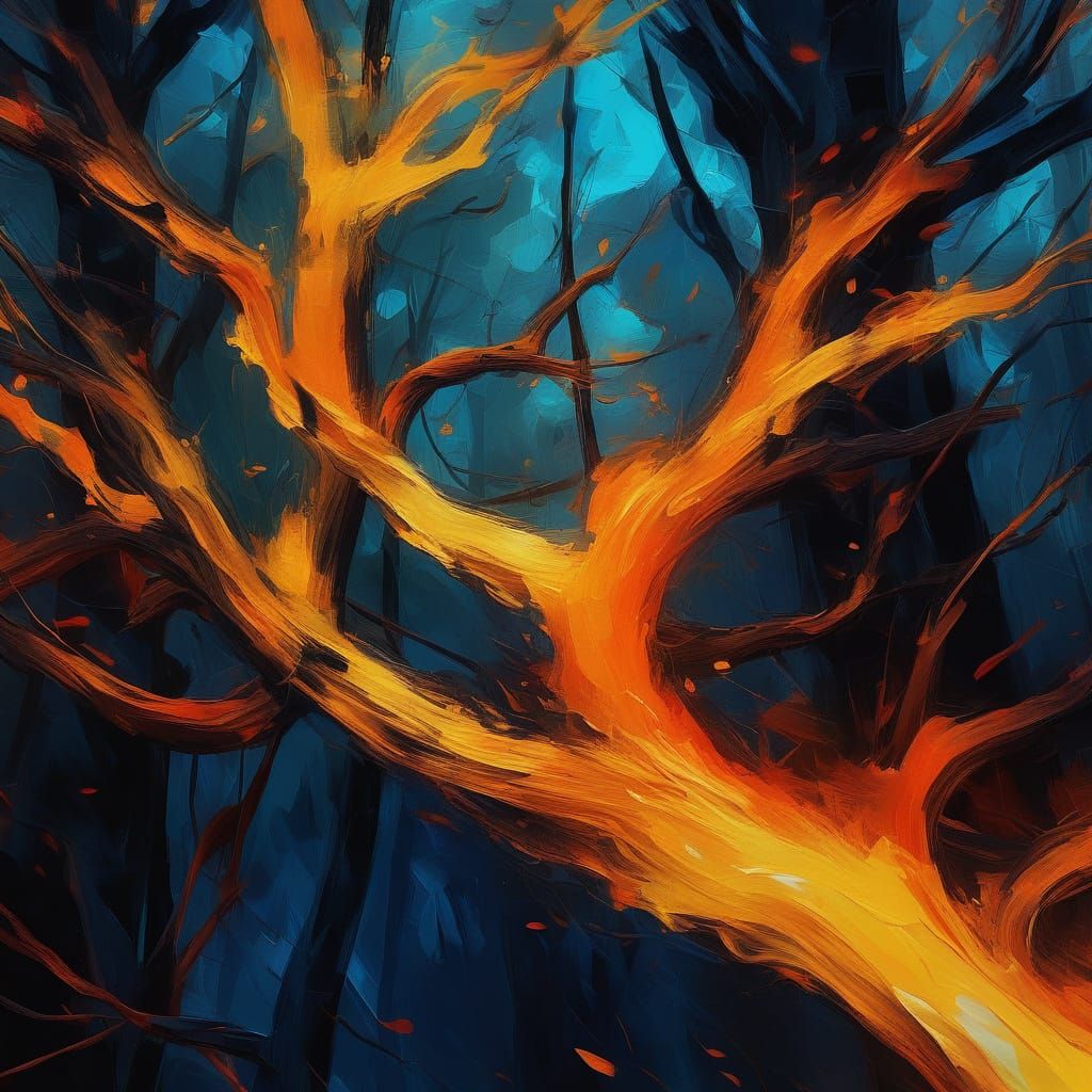 Vibrant Flames Engulf a Burning Tree in a Dark Forest