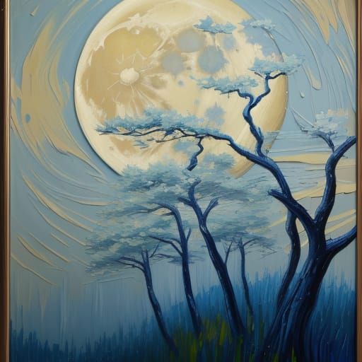 Neo-Impressionist Moon Over Poplar Trees at Night