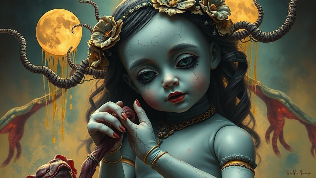 Ethereal Porcelain Doll in Surrealist Dreamscape