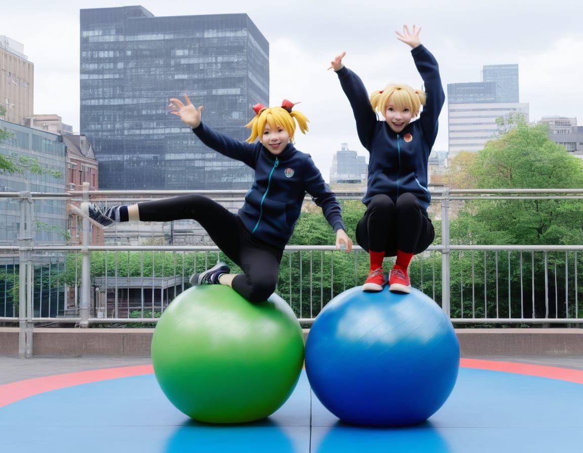 Sisters Bouncing on a City Exercise Ball in Joy