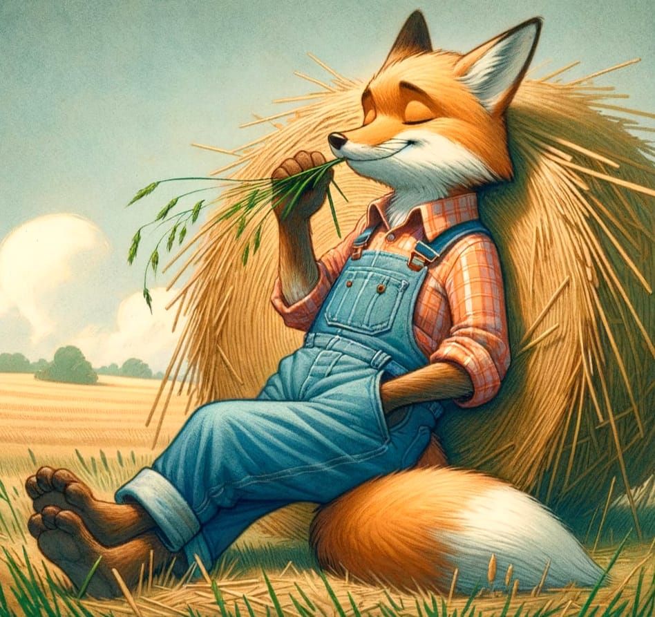 Fox Farmer Resting in Field, Vintage Illustration