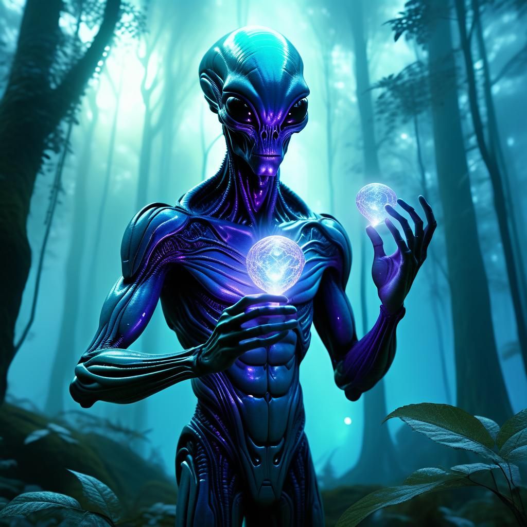 Alien Artifact in Misty Forest: Dreamlike Digital Art