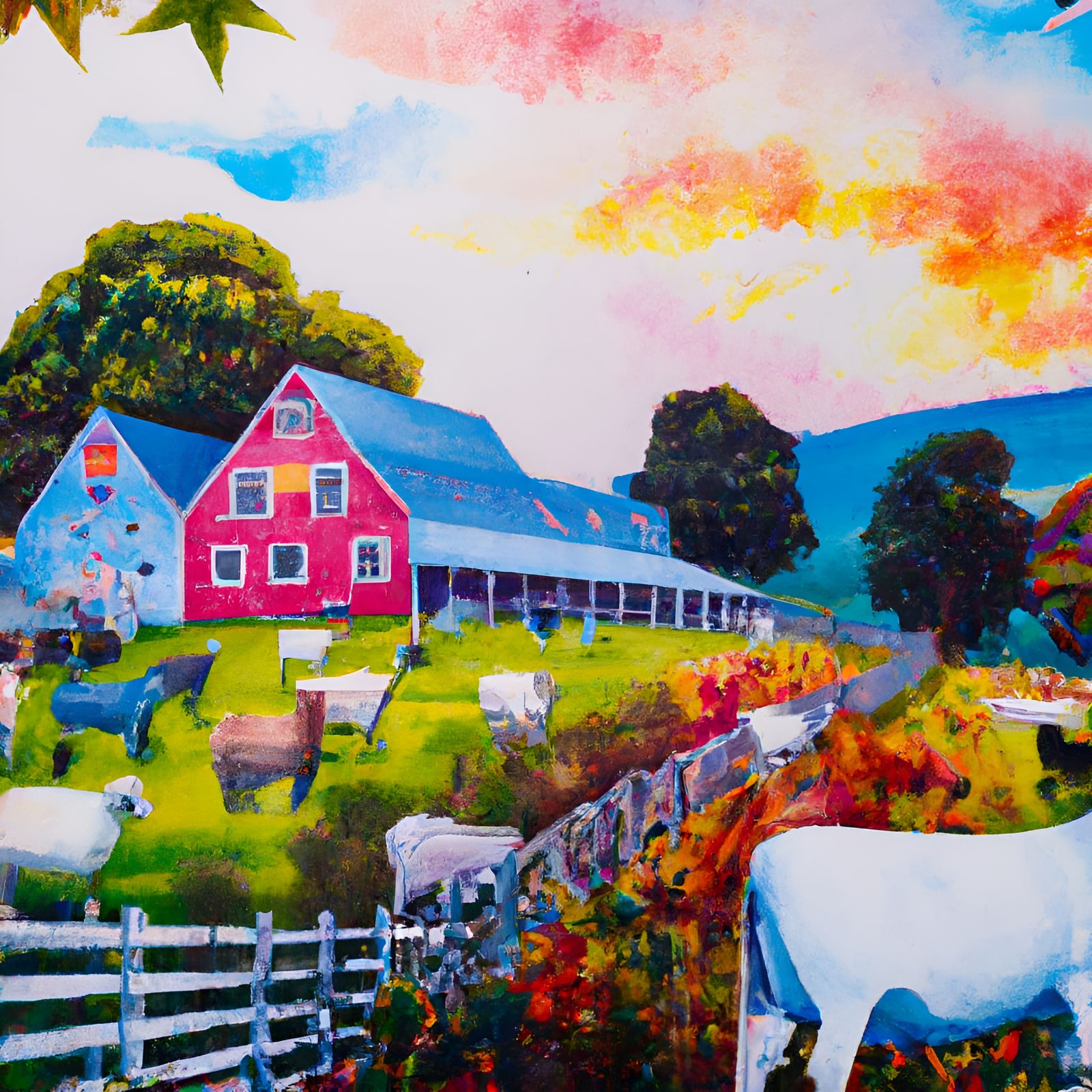 Pastoral Farmhouse Landscape in Watercolor Style
