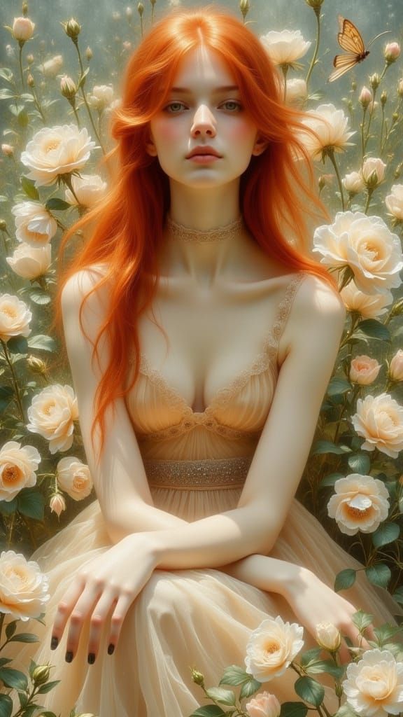 Surreal Waterhouse-Inspired Goddess with Angel Wings and Ros...