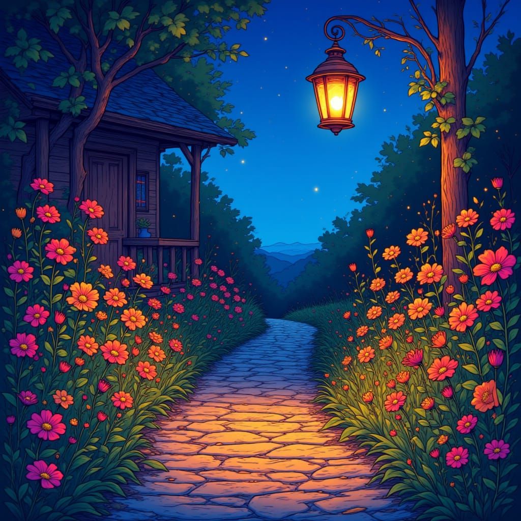 Cartoon Lantern Glows on Wildflower Path