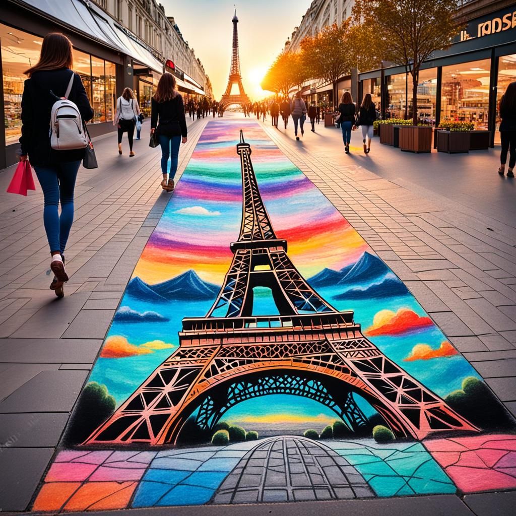 Eiffel Tower Chalk Art at Sunset