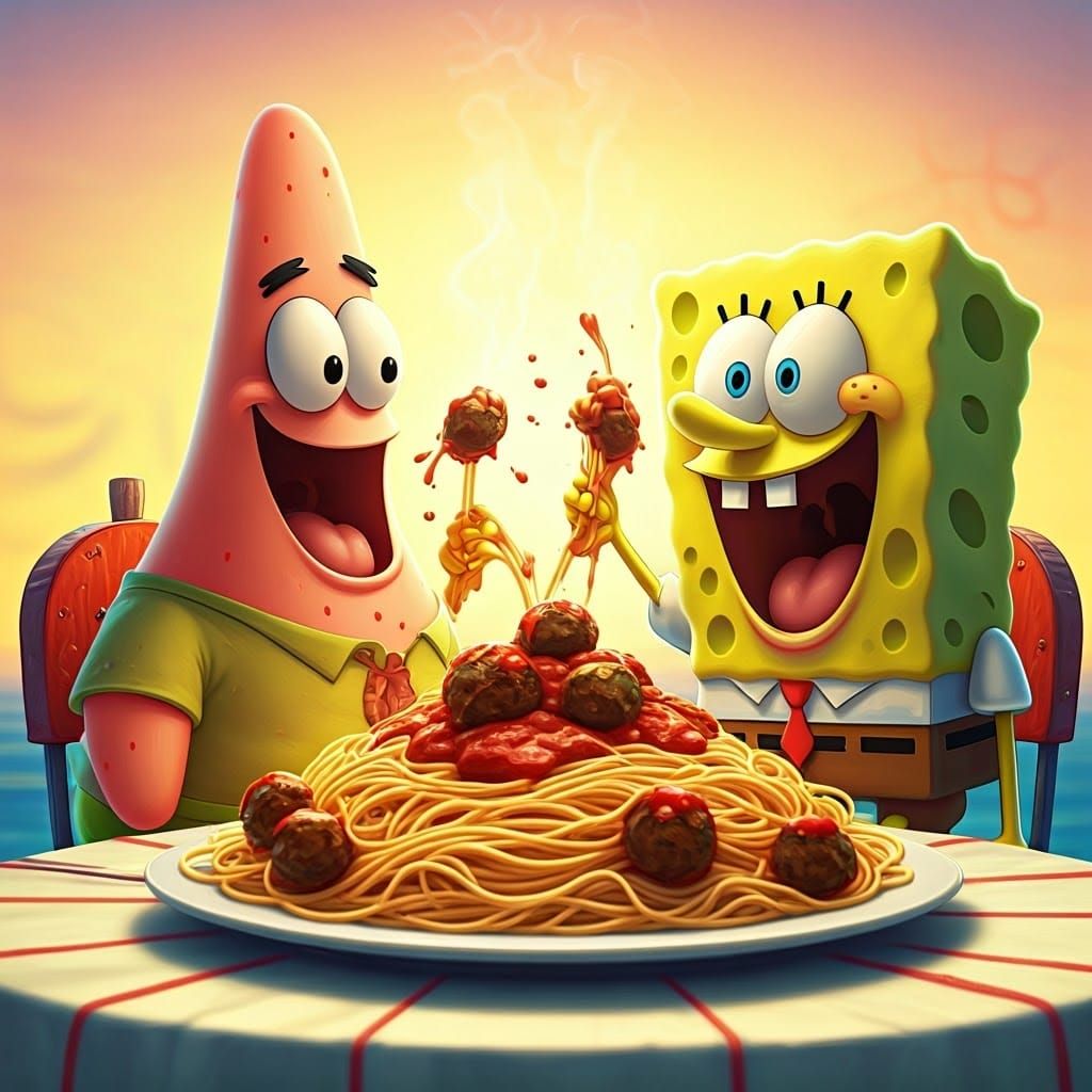 SpongeBob and Patrick Eating Spaghetti: 3D Rendered Scene