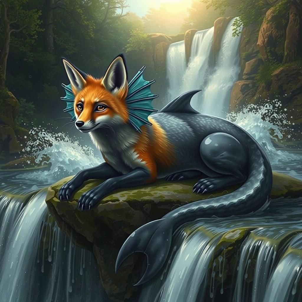 Fox-Dolphin Hybrid Lounging Near Waterfall