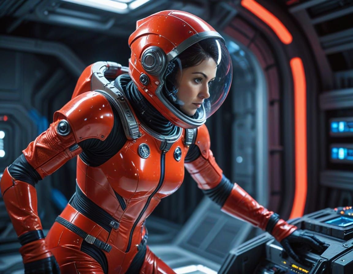 Sultry Space Engineer in Red Latex Suit Inspects Warp Drive