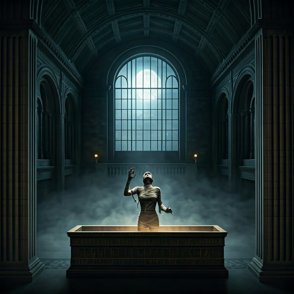 Mummy Rises in British Museum: Cinematic Horror Scene