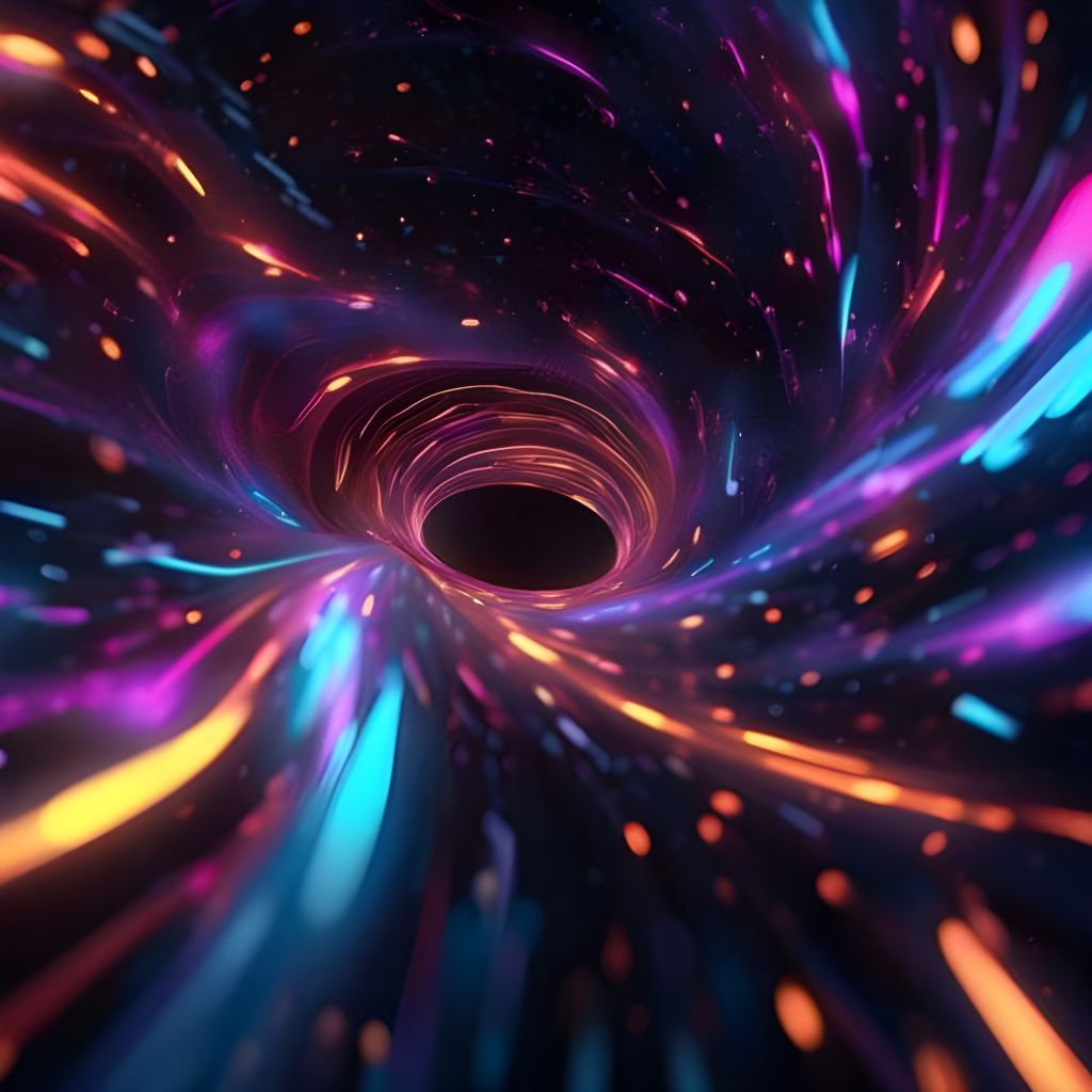 A holographic image of the event horizon of a black hole in the space time continuum, intense neon color, tessellated ga...