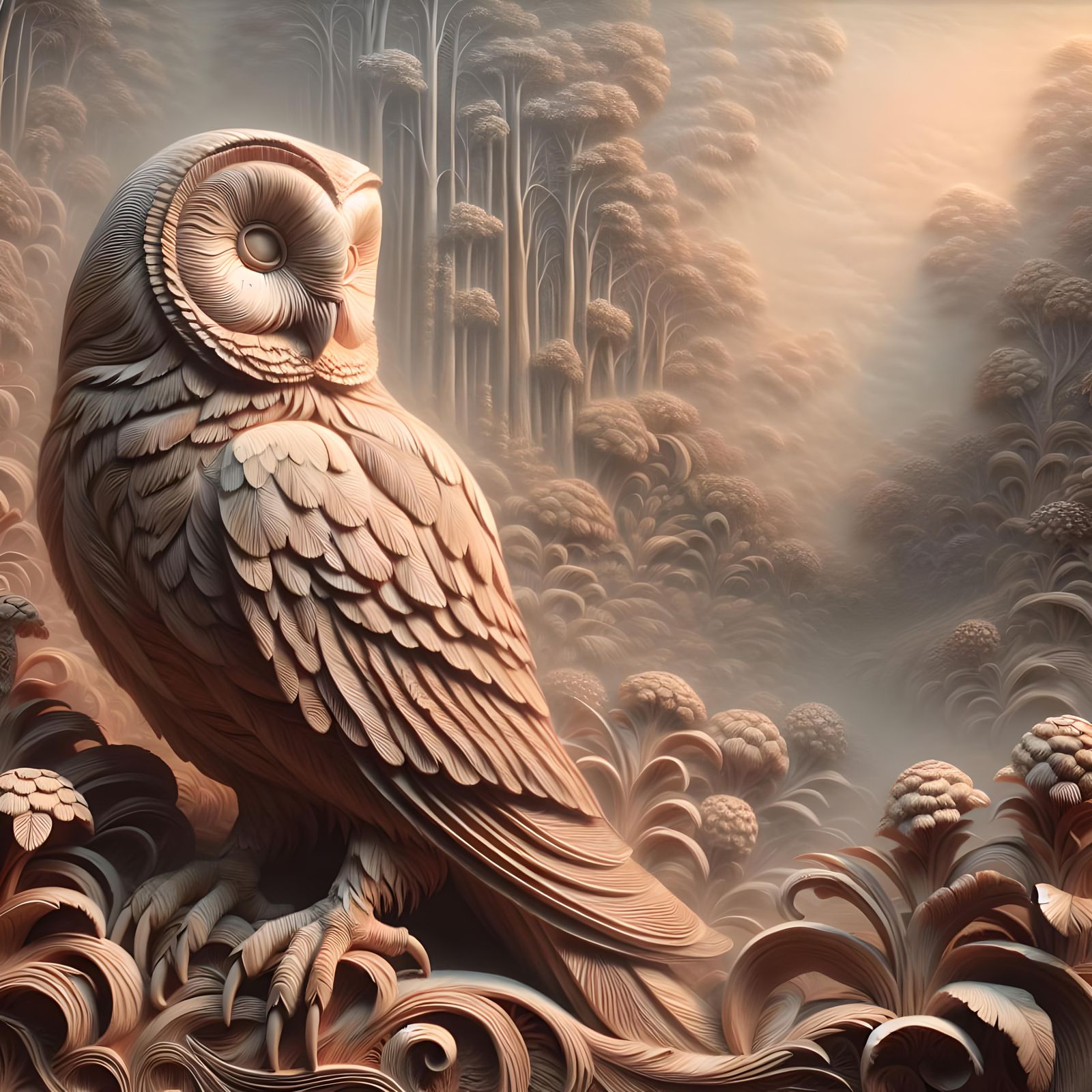 Intricate Wood Carving of an Owl in Romantic Style