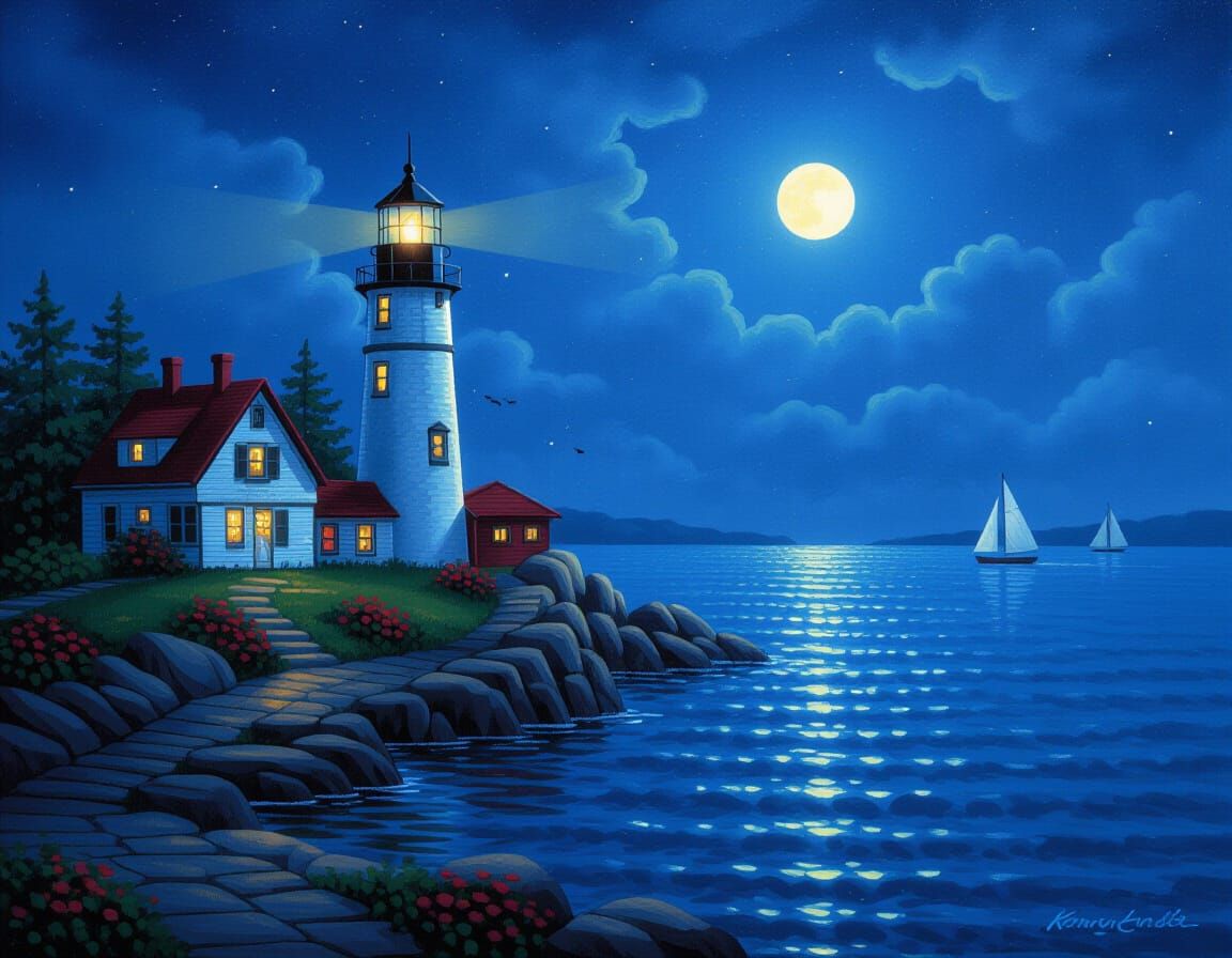 Lighthouse at Night in Luminist Style