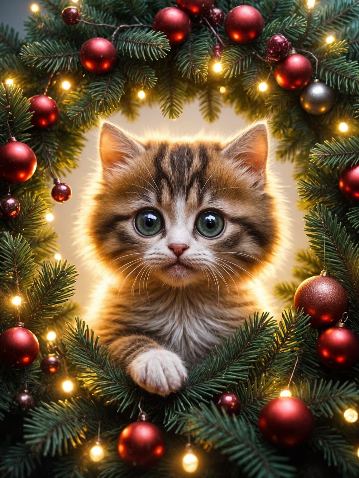 Quirky Kitten Peeks From Christmas Wreath