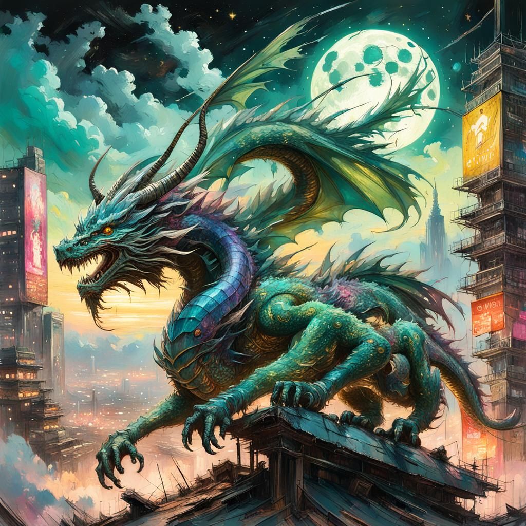 Jade Dragon Over Post-Apocalyptic City, Impasto Painting