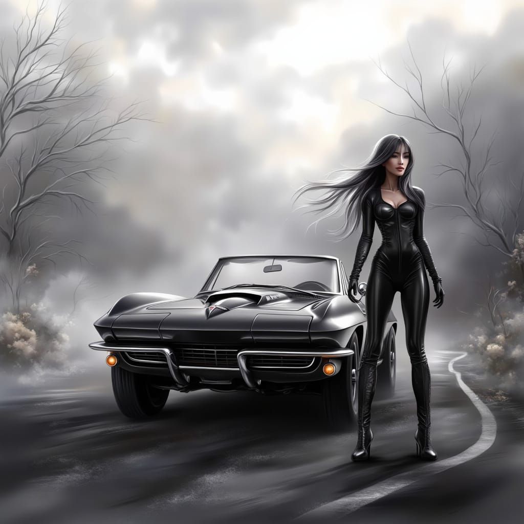 Japanese Woman and Corvette in Film Noir Style