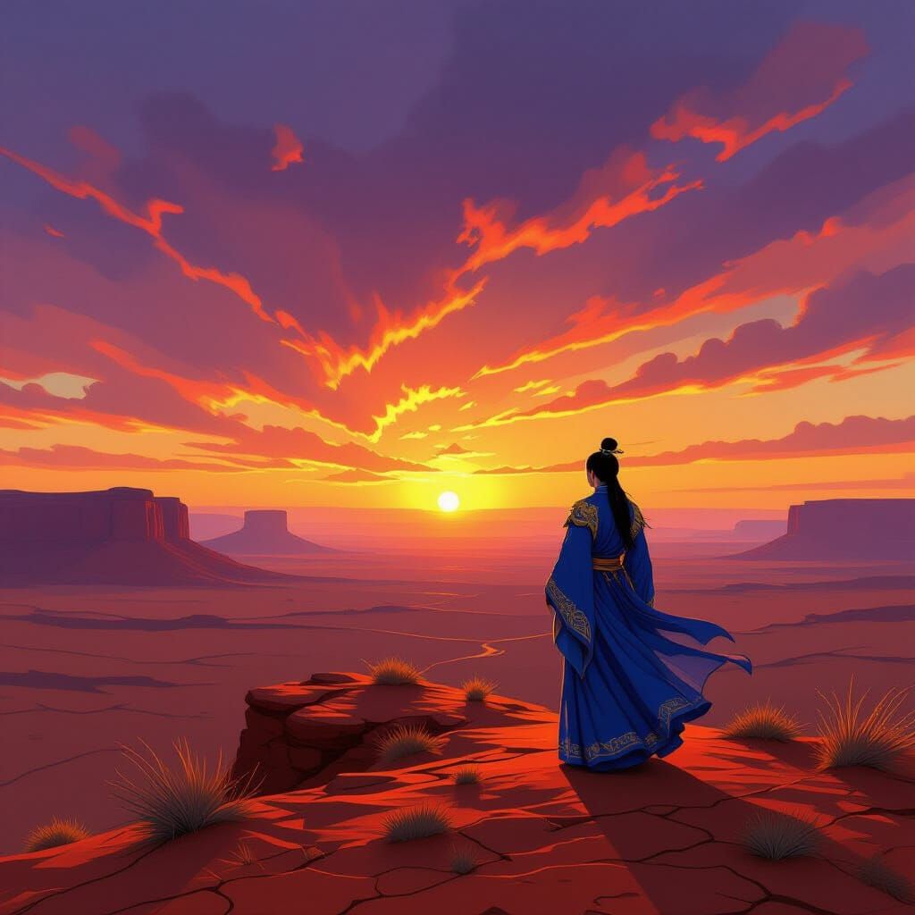 Lone Figure in Outback Sunset, Vivid Colors