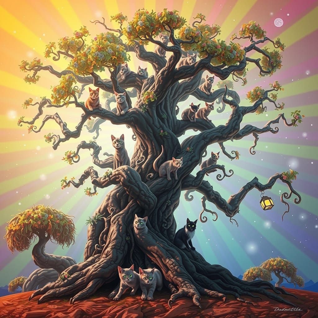 Ethereal Tree Sanctuary with Whiskered Guardians