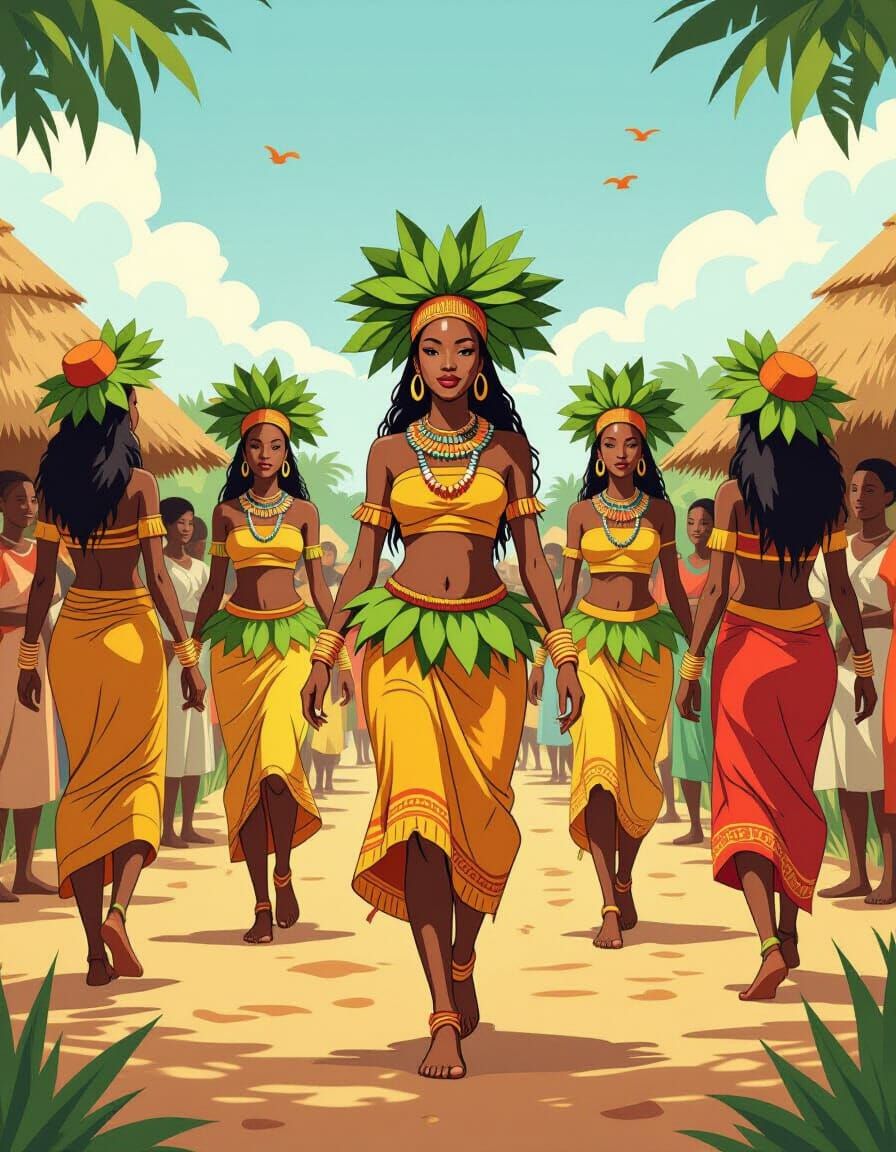 African Traditional Ceremony with Women in Loincloth and Lea...