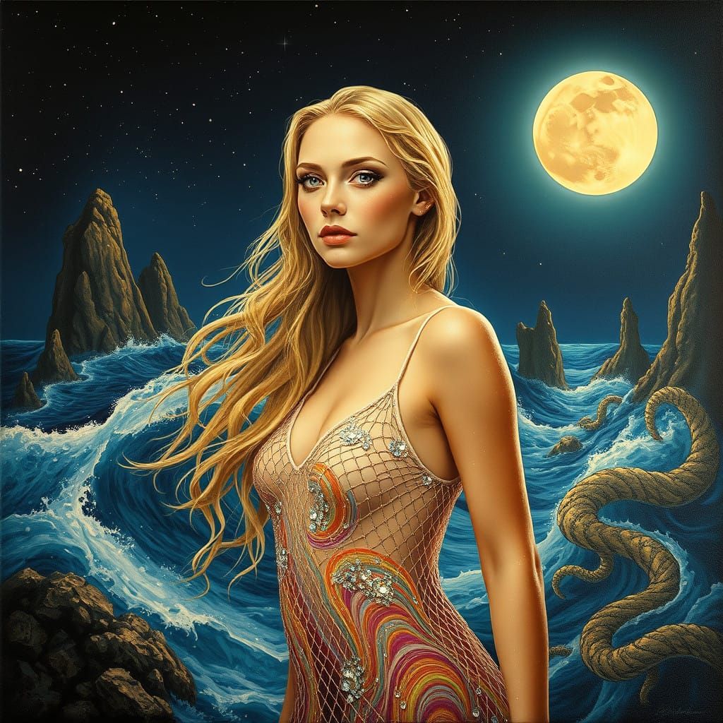 A goddess emerges from the ocean, her skin glistening in the starry light. She stands beneath a full moon, with water dr...