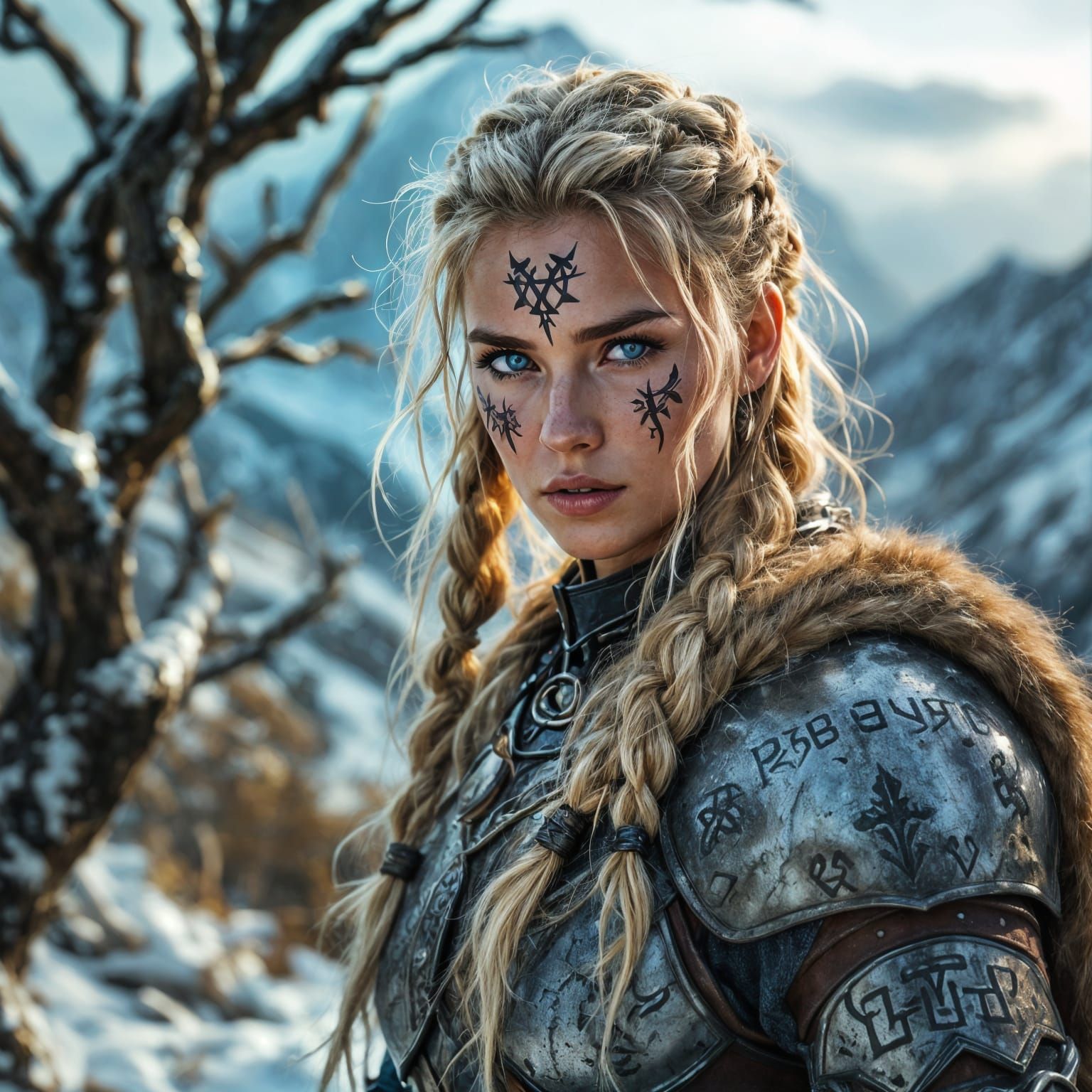 Ethereal Viking Shieldmaiden in Snowy Mountain Landscape